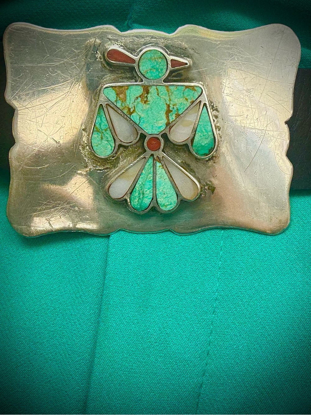 Native American Zuni handmade sterling silver mosaic inlay Thunderbird Buckle